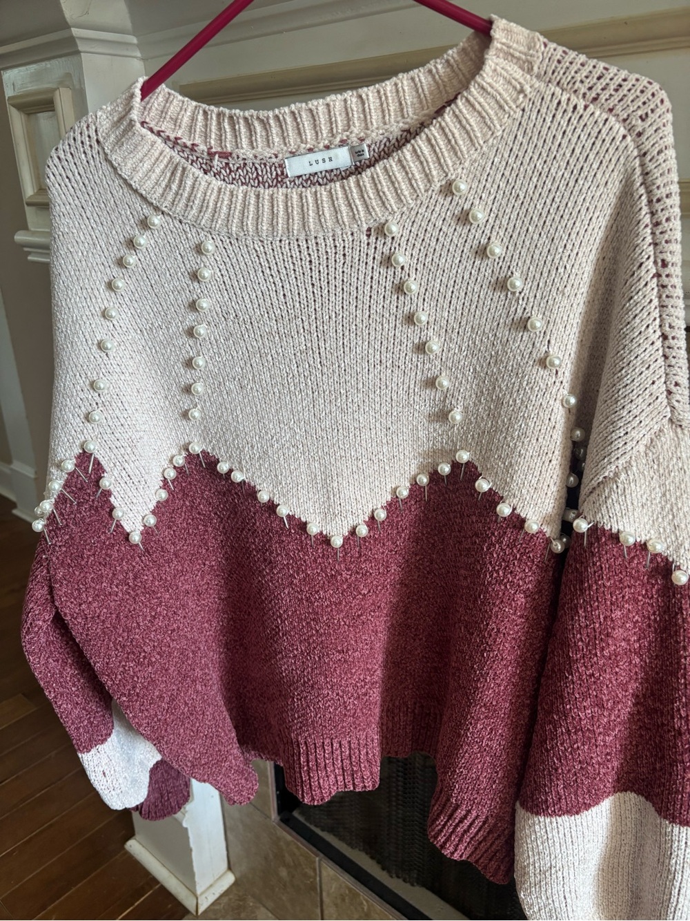 LOFT Two-Tone Pearl Trim Crew Sweater - Blush & Berry